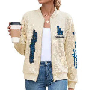 Los Angeles Dodgers Women’s Textured Bomber Jacket Stand Collar Full Zip Outerwear Personalize Name