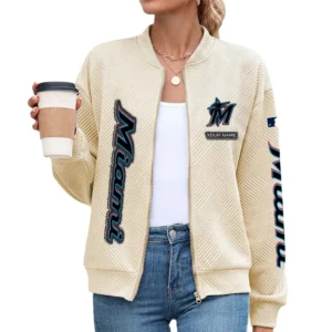 Miami Marlins Women’s Textured Bomber Jacket Stand Collar Full Zip Outerwear Personalize Name