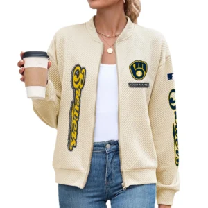Milwaukee Brewers Women’s Textured Bomber Jacket Stand Collar Full Zip Outerwear Personalize Name