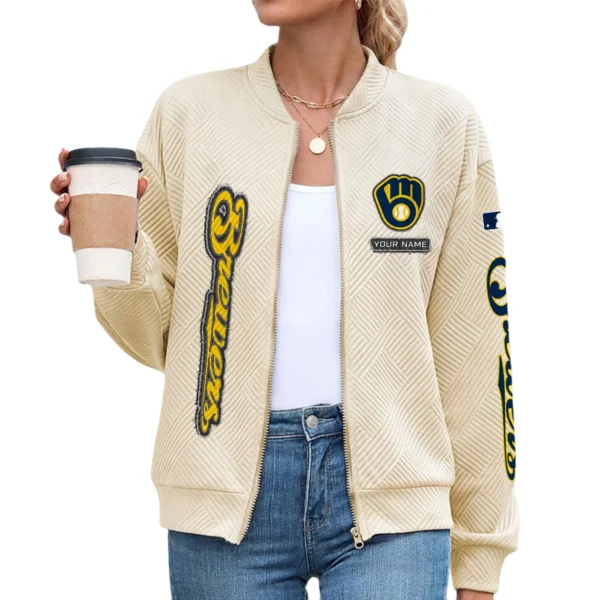 Milwaukee Brewers Women’s Textured Bomber Jacket Stand Collar Full Zip Outerwear Personalize Name