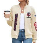 Minnesota Twins Women’s Textured Bomber Jacket Stand Collar Full Zip Outerwear Personalize Name