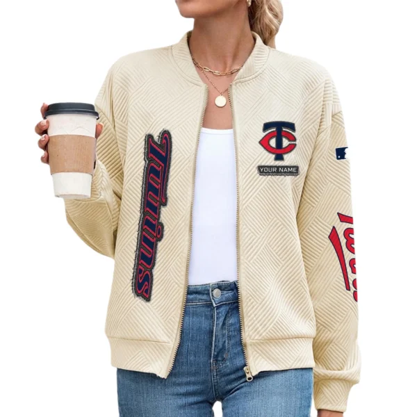 Minnesota Twins Women’s Textured Bomber Jacket Stand Collar Full Zip Outerwear Personalize Name