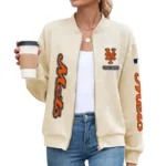 New York Mets Women’s Textured Bomber Jacket Stand Collar Full Zip Outerwear Personalize Name