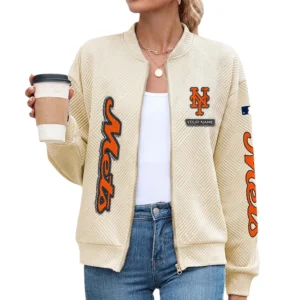 New York Mets Women’s Textured Bomber Jacket Stand Collar Full Zip Outerwear Personalize Name