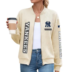 New York Yankees Women’s Textured Bomber Jacket Stand Collar Full Zip Outerwear Personalize Name