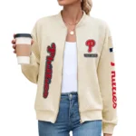 Philadelphia Phillies Women’s Textured Bomber Jacket Stand Collar Full Zip Outerwear Personalize Name