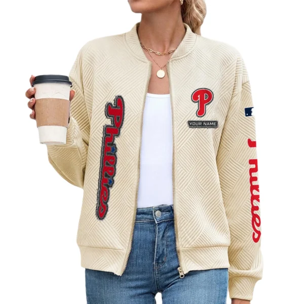 Philadelphia Phillies Women’s Textured Bomber Jacket Stand Collar Full Zip Outerwear Personalize Name