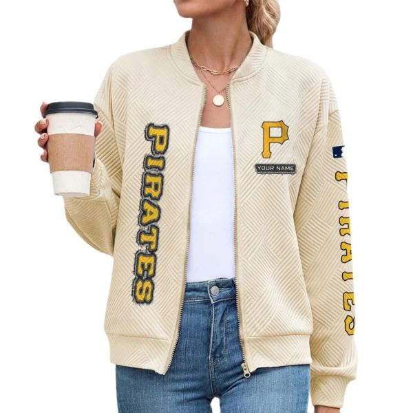 Pittsburgh Pirates Women’s Textured Bomber Jacket Stand Collar Full Zip Outerwear Personalize Name