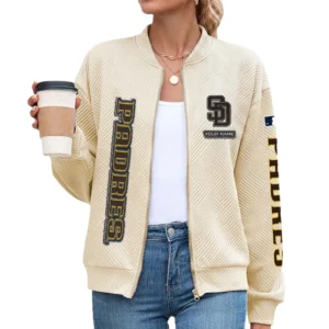 San Diego Padres Women’s Textured Bomber Jacket Stand Collar Full Zip Outerwear Personalize Name