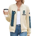 Seattle Mariners Women’s Textured Bomber Jacket Stand Collar Full Zip Outerwear Personalize Name