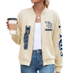 Tampa Bay Rays Women’s Textured Bomber Jacket Stand Collar Full Zip Outerwear Personalize Name