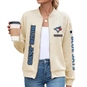 Toronto Blue Jays Women’s Textured Bomber Jacket Stand Collar Full Zip Outerwear Personalize Name