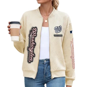 Washington Nationals Women’s Textured Bomber Jacket Stand Collar Full Zip Outerwear Personalize Name