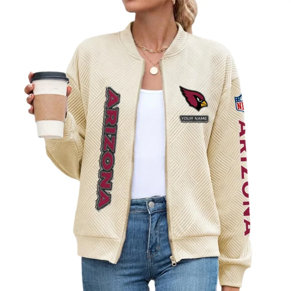 Arizona Cardinals Women’s Textured Bomber Jacket Stand Collar Full Zip Outerwear Personalize Name