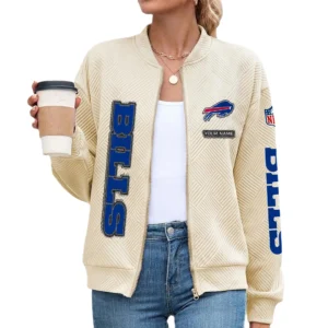 Buffalo Bills Women’s Textured Bomber Jacket Stand Collar Full Zip Outerwear Personalize Name