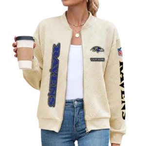 Baltimore Ravens Women’s Textured Bomber Jacket Stand Collar Full Zip Outerwear Personalize Name