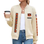 Cincinnati Bengals Women’s Textured Bomber Jacket Stand Collar Full Zip Outerwear Personalize Name