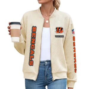 Cincinnati Bengals Women’s Textured Bomber Jacket Stand Collar Full Zip Outerwear Personalize Name