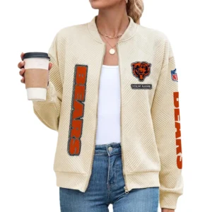 Chicago Bears Women’s Textured Bomber Jacket Stand Collar Full Zip Outerwear Personalize Name