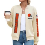 Cleveland Browns Women’s Textured Bomber Jacket Stand Collar Full Zip Outerwear Personalize Name