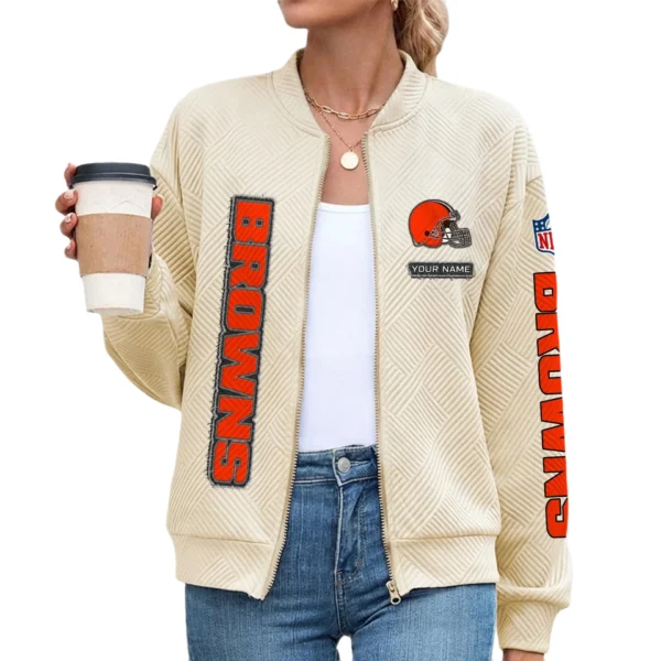 Cleveland Browns Women’s Textured Bomber Jacket Stand Collar Full Zip Outerwear Personalize Name