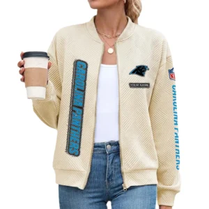 Carolina Panthers Women’s Textured Bomber Jacket Stand Collar Full Zip Outerwear Personalize Name