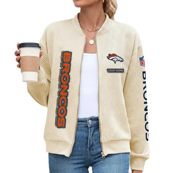 Denver Broncos Women’s Textured Bomber Jacket Stand Collar Full Zip Outerwear Personalize Name
