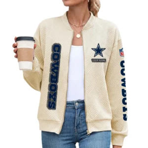 Dallas Cowboys Women’s Textured Bomber Jacket Stand Collar Full Zip Outerwear Personalize Name