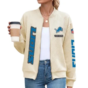 Detroit Lions Women’s Textured Bomber Jacket Stand Collar Full Zip Outerwear Personalize Name