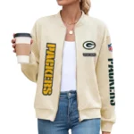 Green Bay Packers Women’s Textured Bomber Jacket Stand Collar Full Zip Outerwear Personalize Name