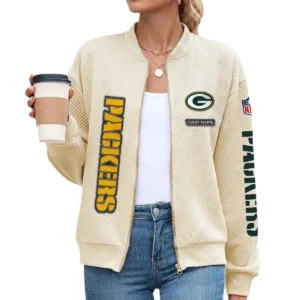 Green Bay Packers Women’s Textured Bomber Jacket Stand Collar Full Zip Outerwear Personalize Name