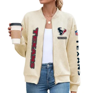 Houston Texans Women’s Textured Bomber Jacket Stand Collar Full Zip Outerwear Personalize Name