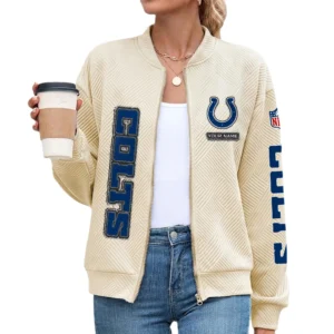 Indianapolis Colts Women’s Textured Bomber Jacket Stand Collar Full Zip Outerwear Personalize Name