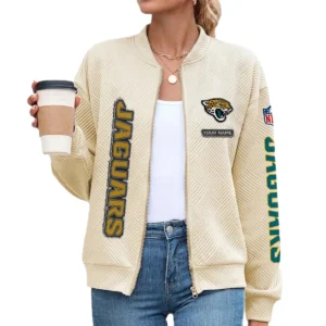 Jacksonville Jaguars Women’s Textured Bomber Jacket Stand Collar Full Zip Outerwear Personalize Name
