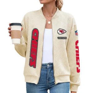 Kansas City Chiefs Women’s Textured Bomber Jacket Stand Collar Full Zip Outerwear Personalize Name