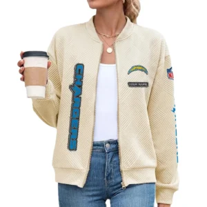 Los Angeles Chargers Women’s Textured Bomber Jacket Stand Collar Full Zip Outerwear Personalize Name