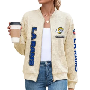 Los Angeles Rams Women’s Textured Bomber Jacket Stand Collar Full Zip Outerwear Personalize Name