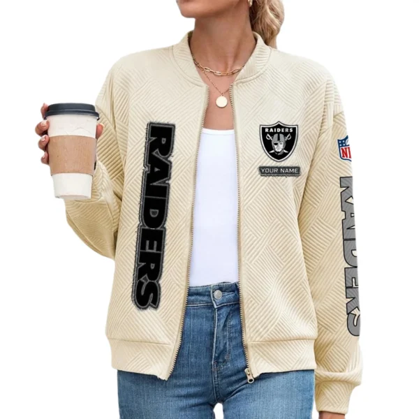 Las Vegas Raiders Women’s Textured Bomber Jacket Stand Collar Full Zip Outerwear Personalize Name