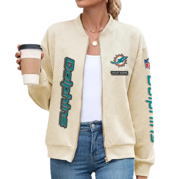 Miami Dolphins Women’s Textured Bomber Jacket Stand Collar Full Zip Outerwear Personalize Name