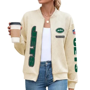 New York Jets Women’s Textured Bomber Jacket Stand Collar Full Zip Outerwear Personalize Name