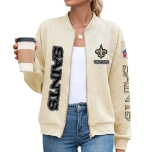 New Orleans Saints Women’s Textured Bomber Jacket Stand Collar Full Zip Outerwear Personalize Name