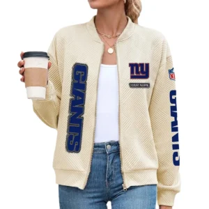 New York Giants Women’s Textured Bomber Jacket Stand Collar Full Zip Outerwear Personalize Name