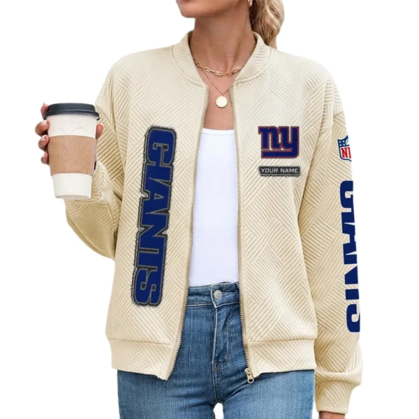 New York Giants Women’s Textured Bomber Jacket Stand Collar Full Zip Outerwear Personalize Name