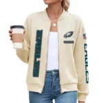 Philadelphia Eagles Women’s Textured Bomber Jacket Stand Collar Full Zip Outerwear Personalize Name