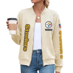 Pittsburgh Steelers Women’s Textured Bomber Jacket Stand Collar Full Zip Outerwear Personalize Name