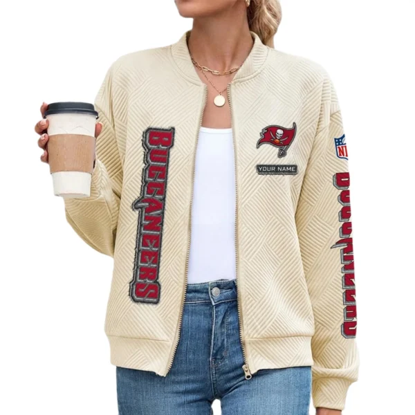 Tampa Bay Buccaneers Women’s Textured Bomber Jacket Stand Collar Full Zip Outerwear Personalize Name