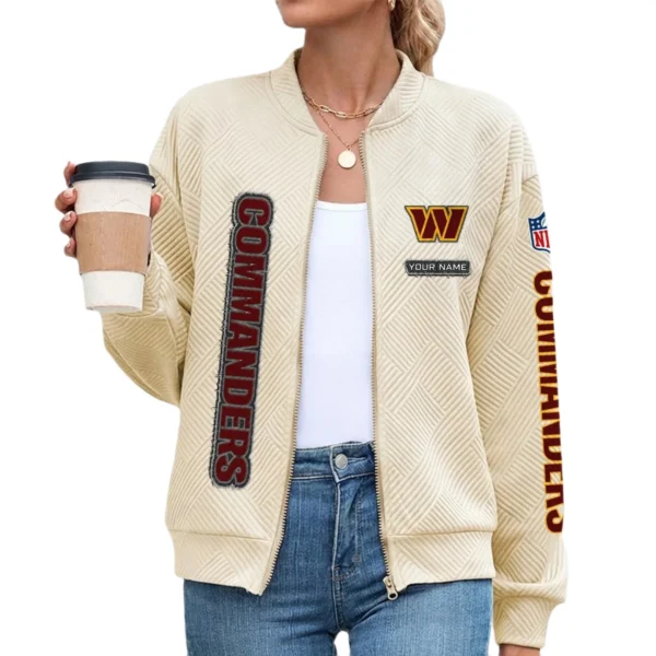 Washington Commanders Women’s Textured Bomber Jacket Stand Collar Full Zip Outerwear Personalize Name