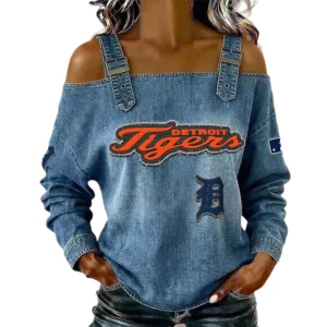 Detroit Tigers Women's Off-Shoulder Long Sleeve Top Shoulder Straps