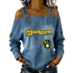 Milwaukee Brewers Women's Off-Shoulder Long Sleeve Top Shoulder Straps