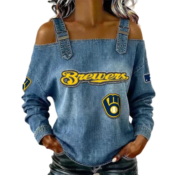 Milwaukee Brewers Women's Off-Shoulder Long Sleeve Top Shoulder Straps